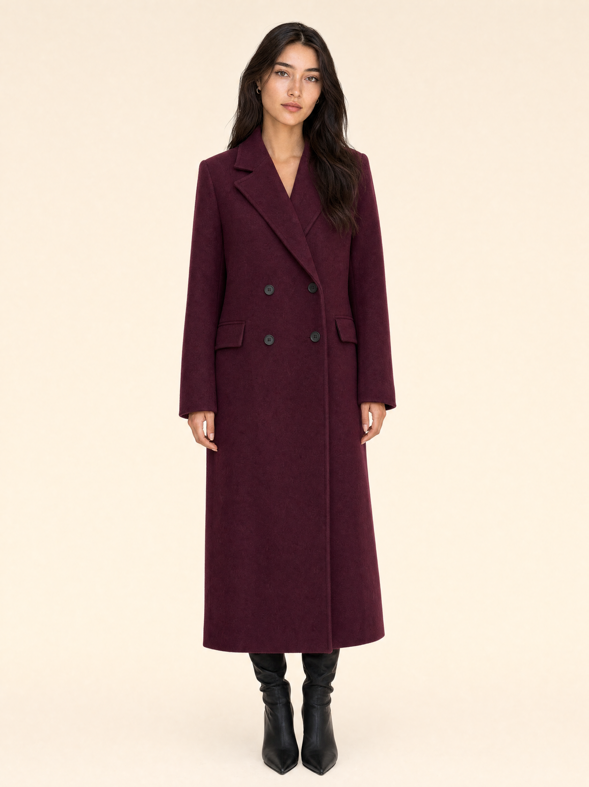 Burgundy wool blend coat with lapel