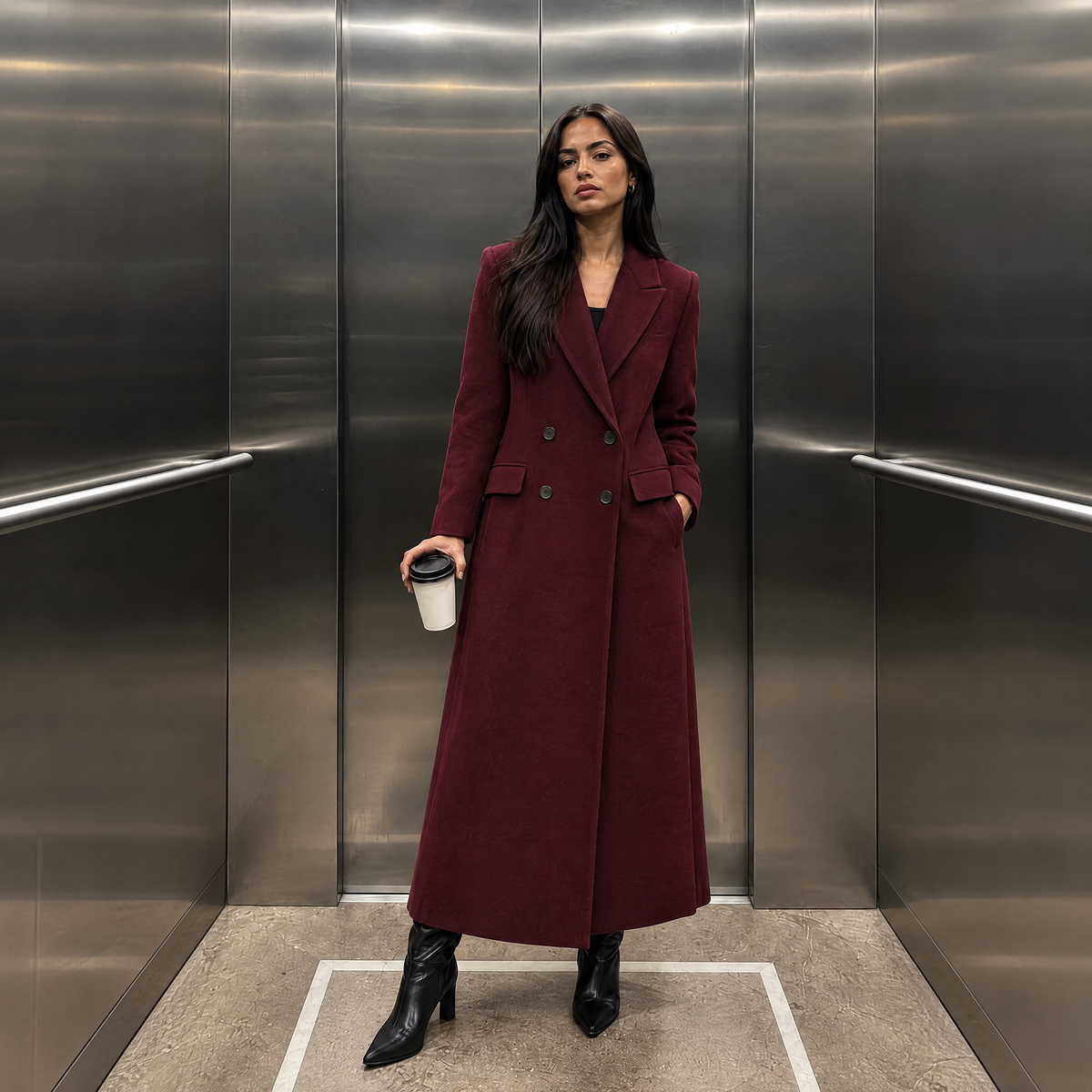 Burgundy wool blend coat with lapel