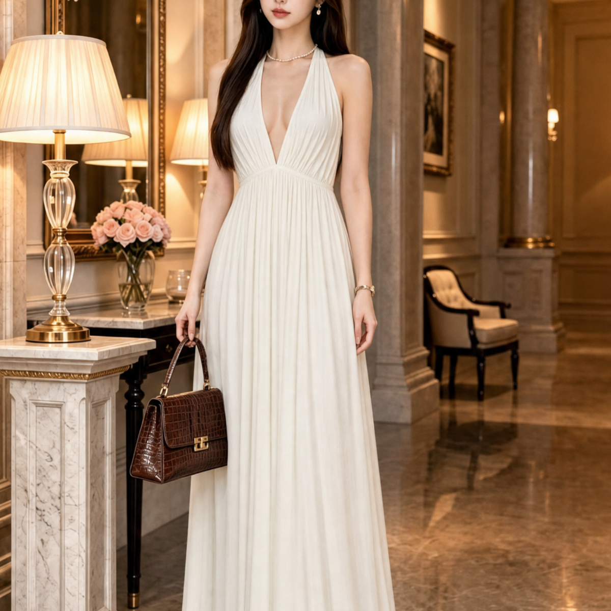 Flowing deep v neck maxi dress