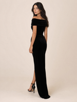 Load image into Gallery viewer, Black Velvet Off-Shoulder Sweetheart Mermaid Maxi Dress with Side Slit