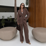 Load image into Gallery viewer, Brown Oversized Blazer and Long Pants Set with Sash Belt