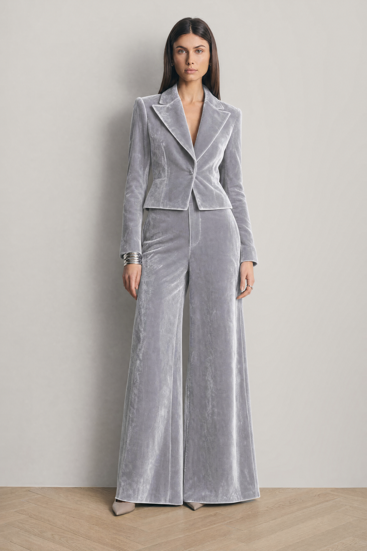 Valentina Velvet Suit in Light Grey