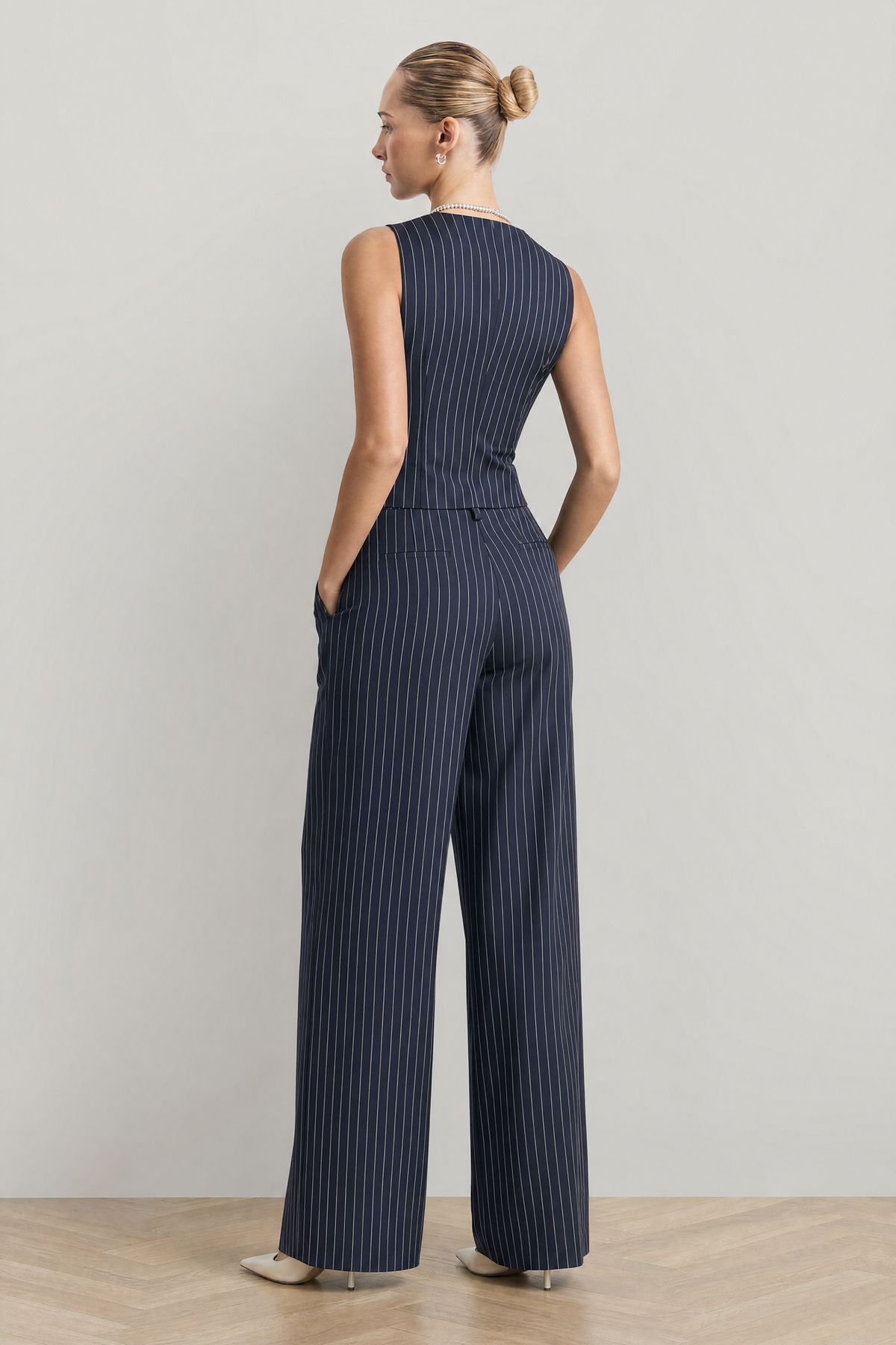 Hartley Pinstripe Waistcoat Set in Navy Pinstripe - studio view 8