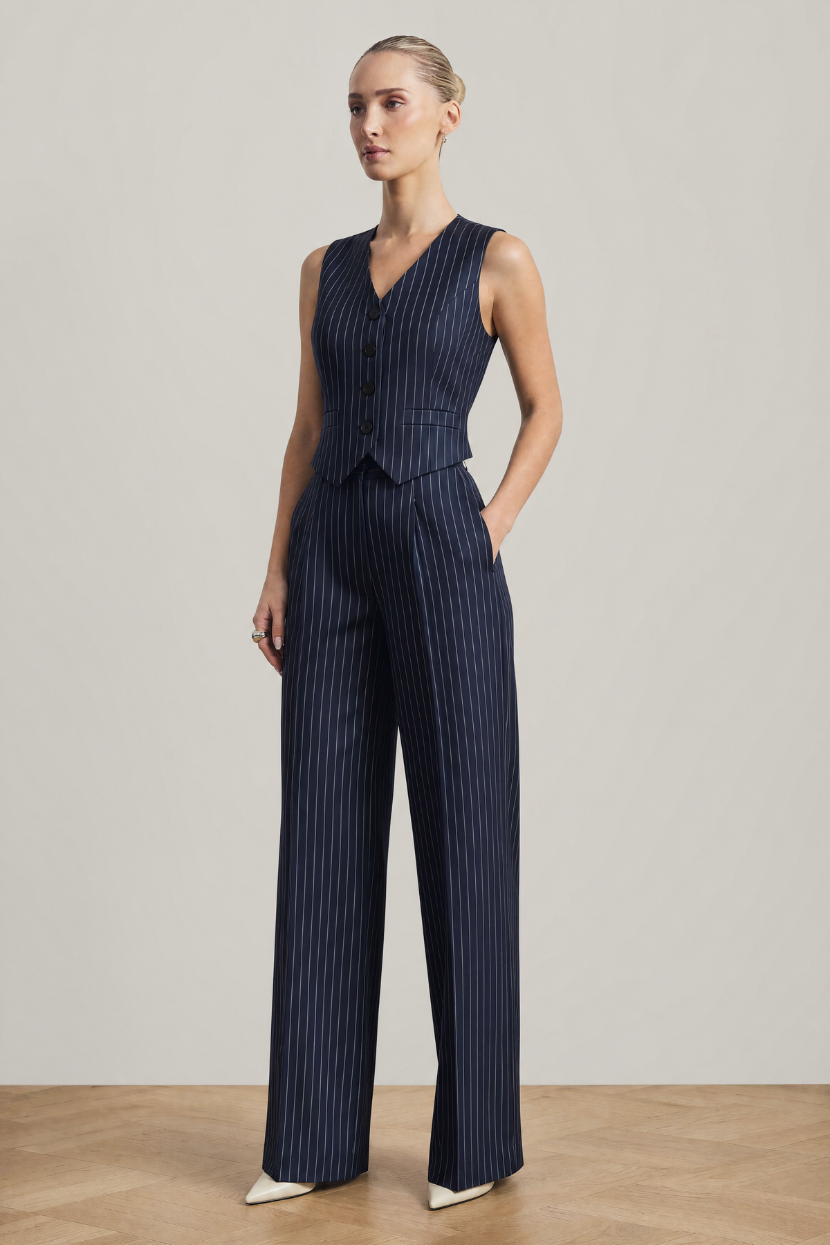 Hartley Pinstripe Waistcoat Set in Navy Pinstripe - studio view 4