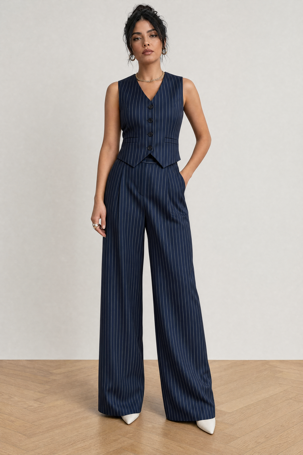 Hartley Pinstripe Waistcoat Set in Navy Pinstripe - studio view 3
