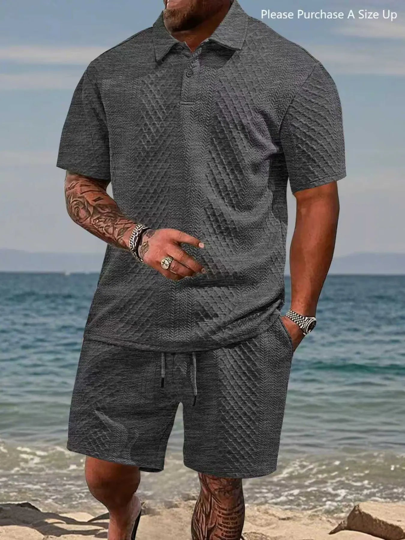 Men's Solid Polo Shirt & Drawstring Waist Shorts Set