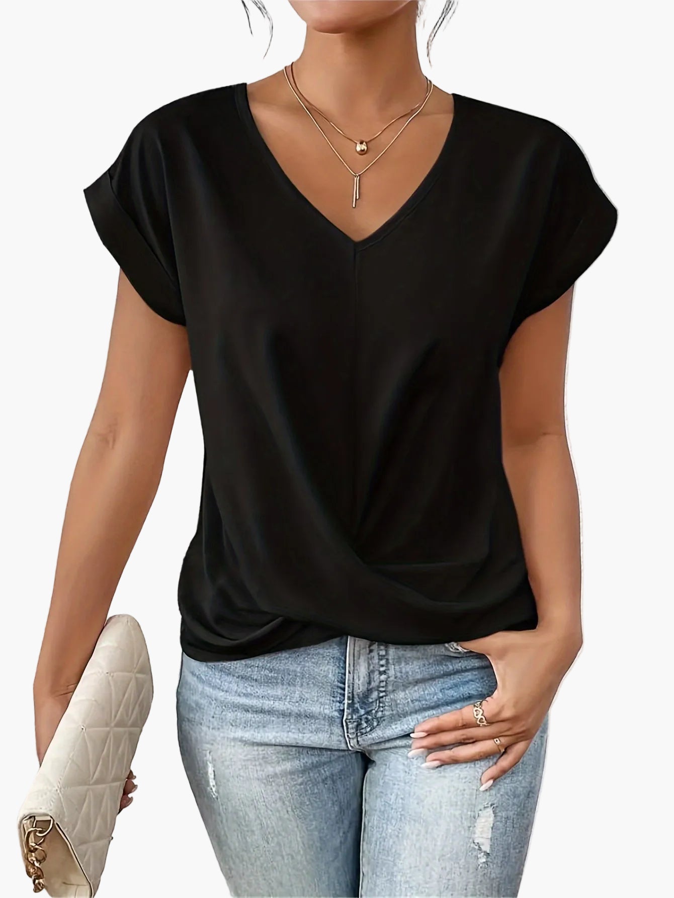 Women's V Neck Pleat Detail Top