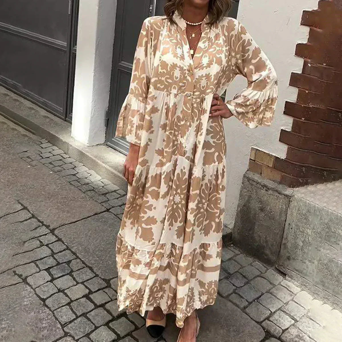 Women's Boho Printed Long Sleeve Midi Dress