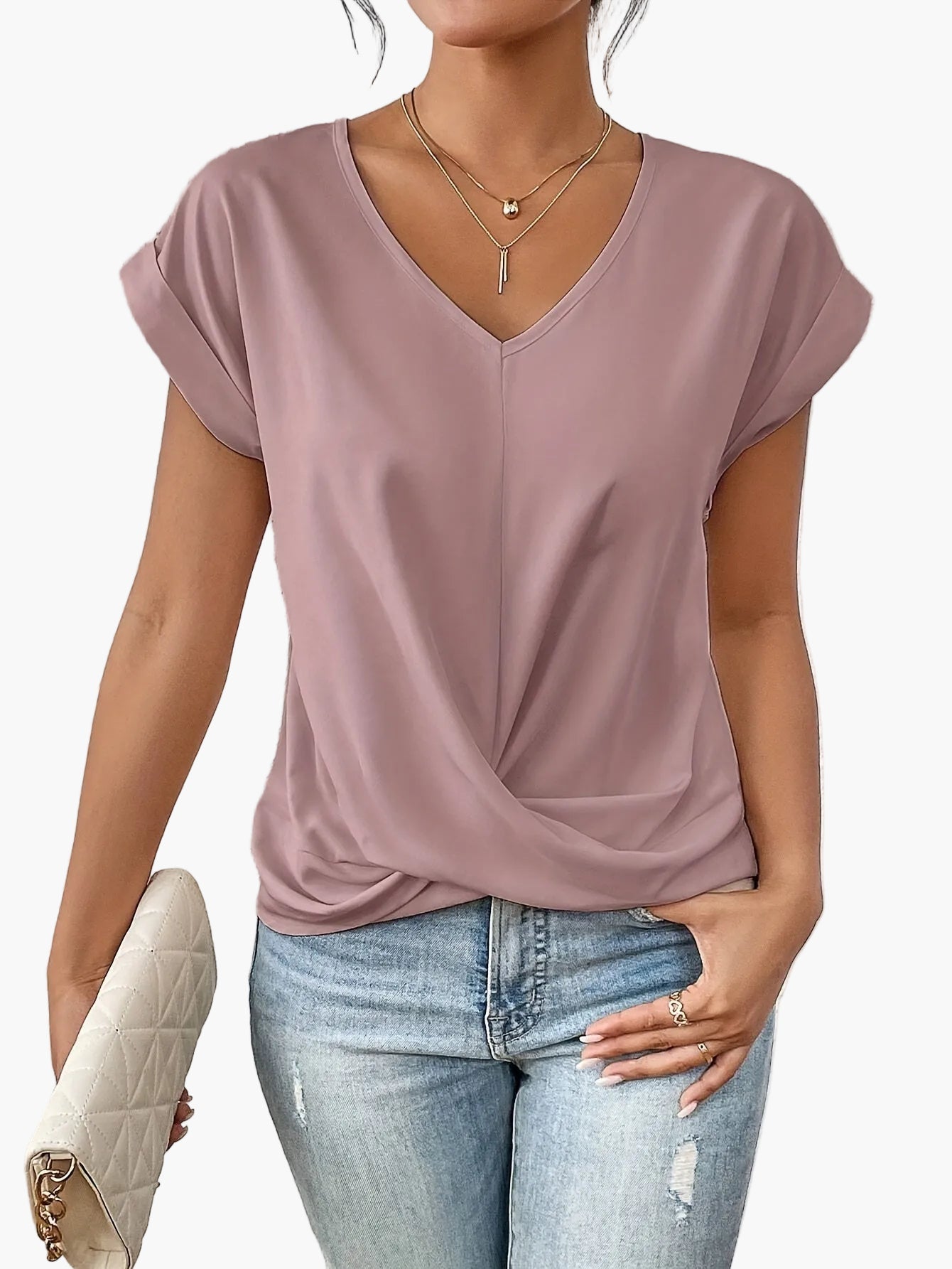 Women's V Neck Pleat Detail Top