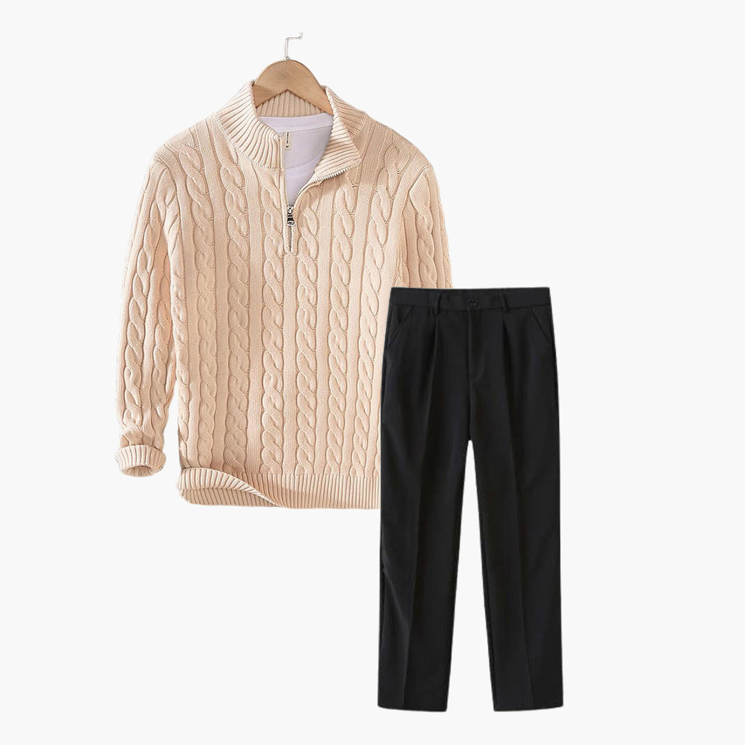 Cable Knit Zip Sweater And Trousers Set