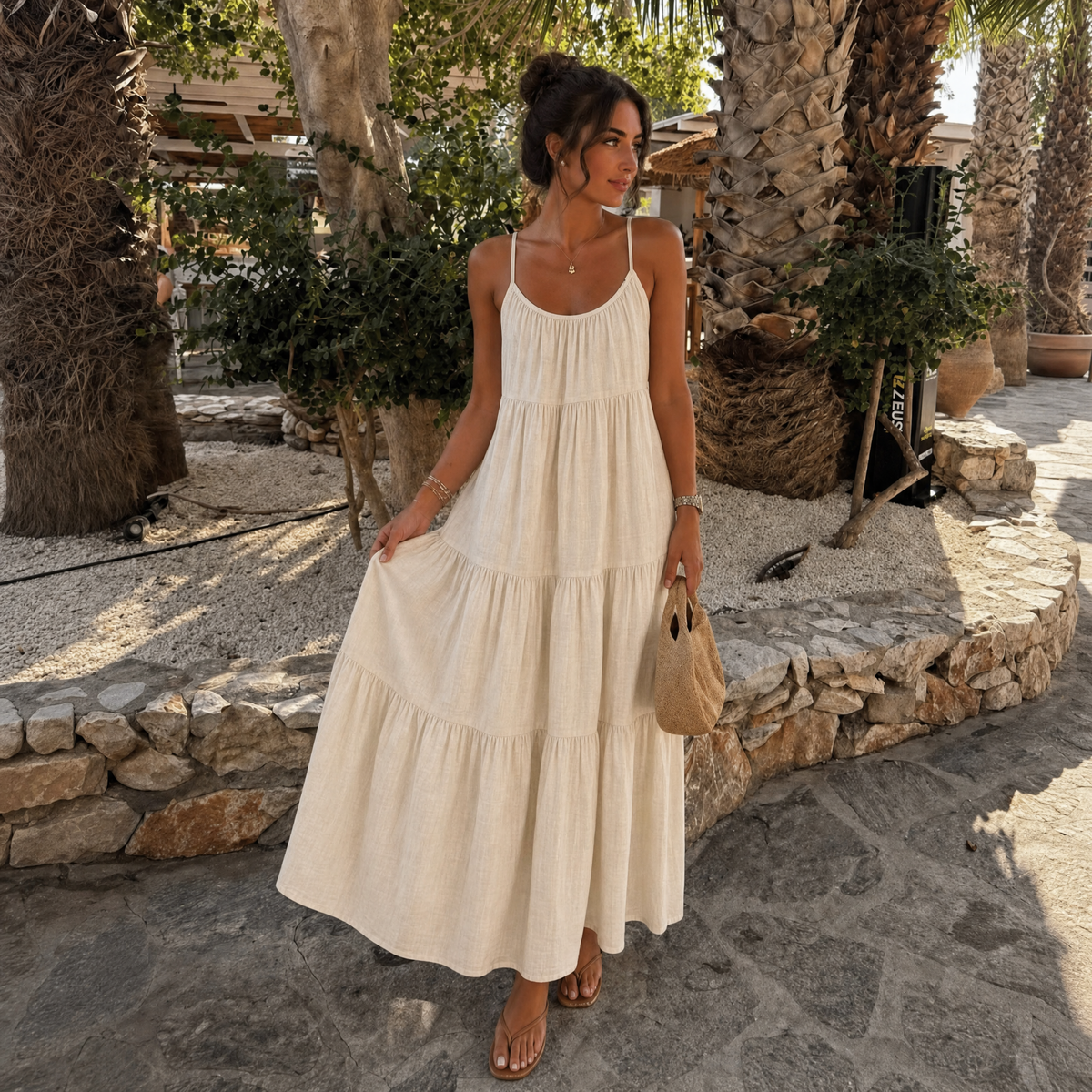 Adjustable tiered linen maxi dress