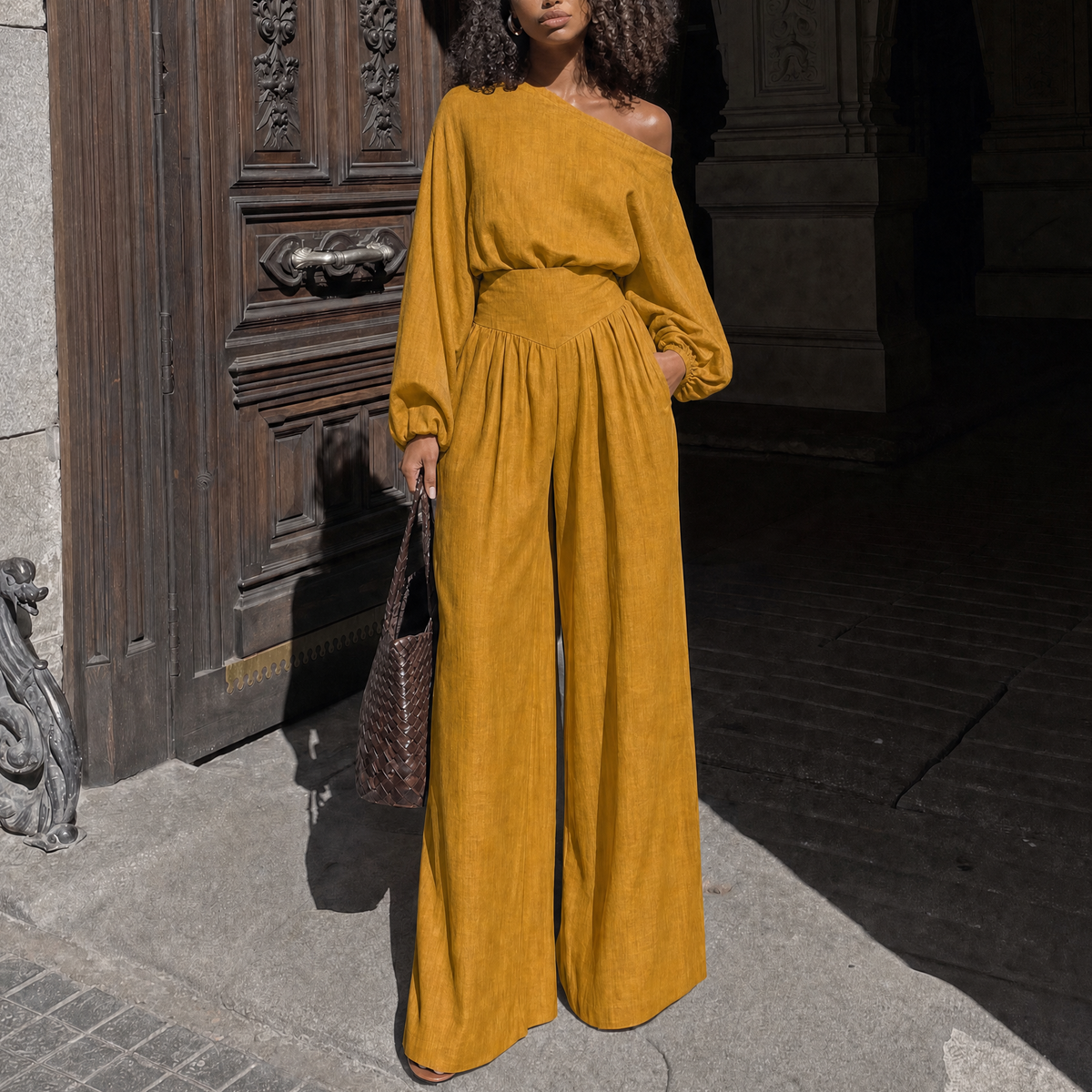 Asymmetrical one shoulder trouser set