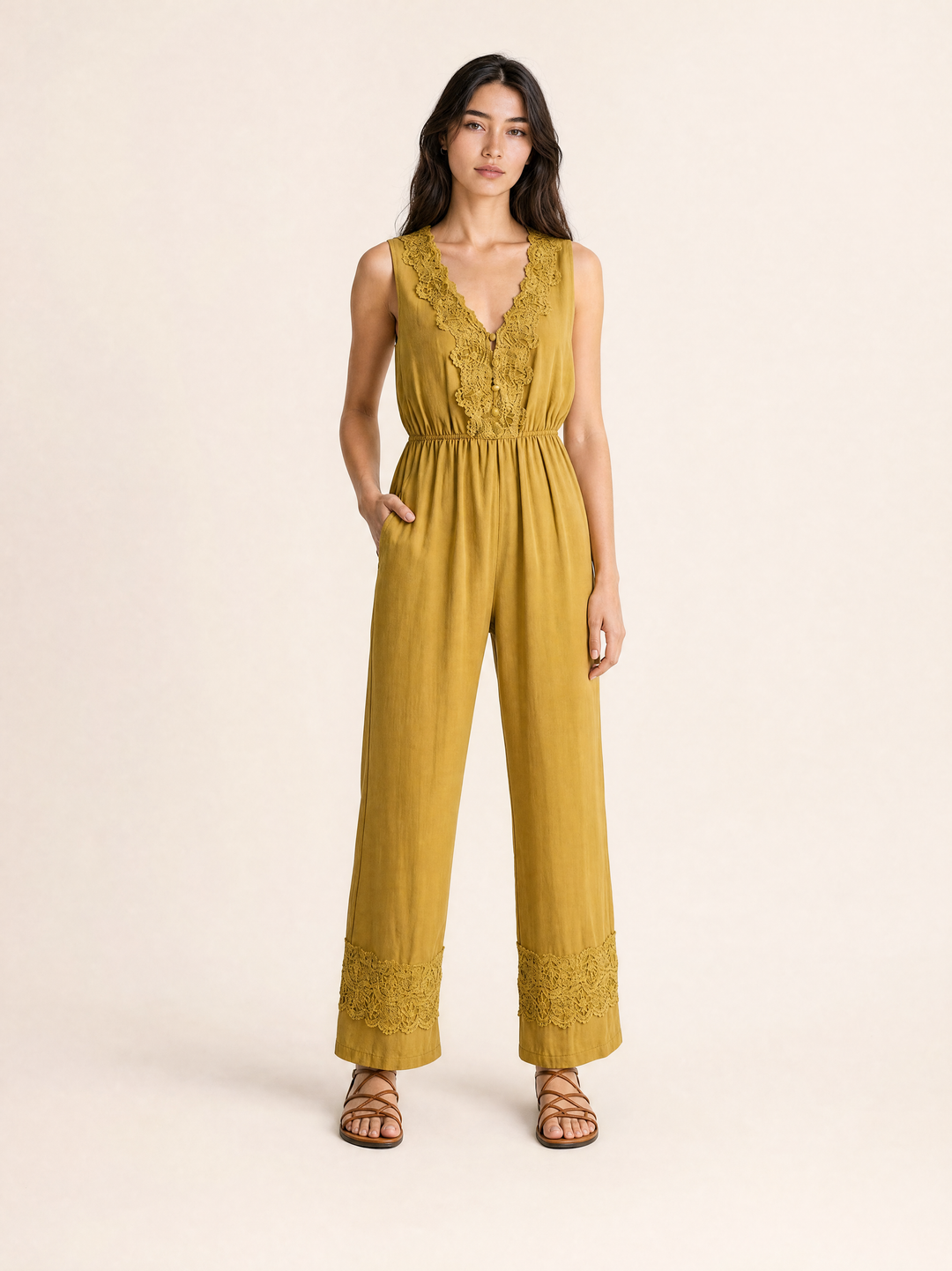 Chiffon Pleated Jumpsuit with Cutout Chest Detailing