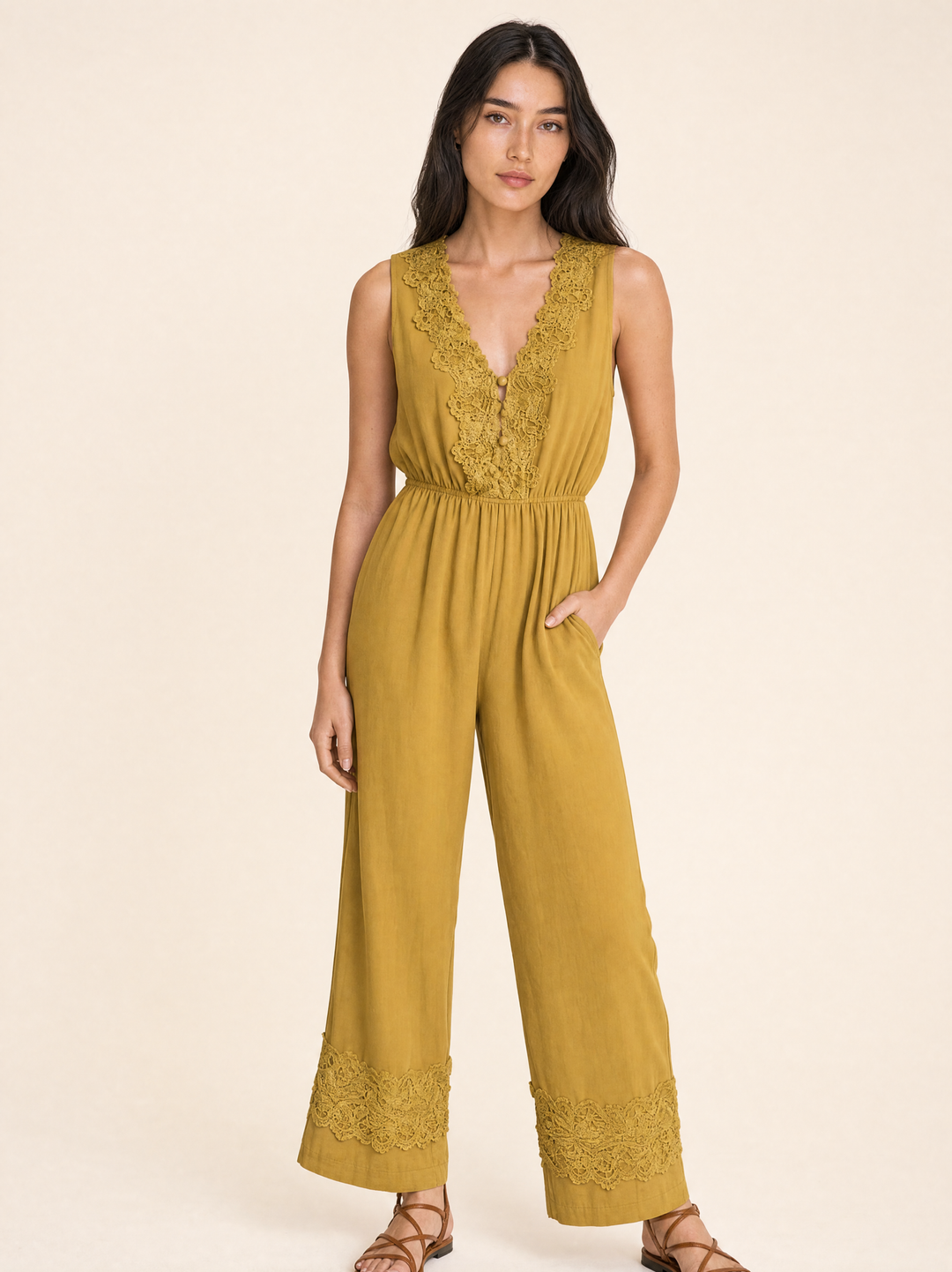 Chiffon Pleated Jumpsuit with Cutout Chest Detailing