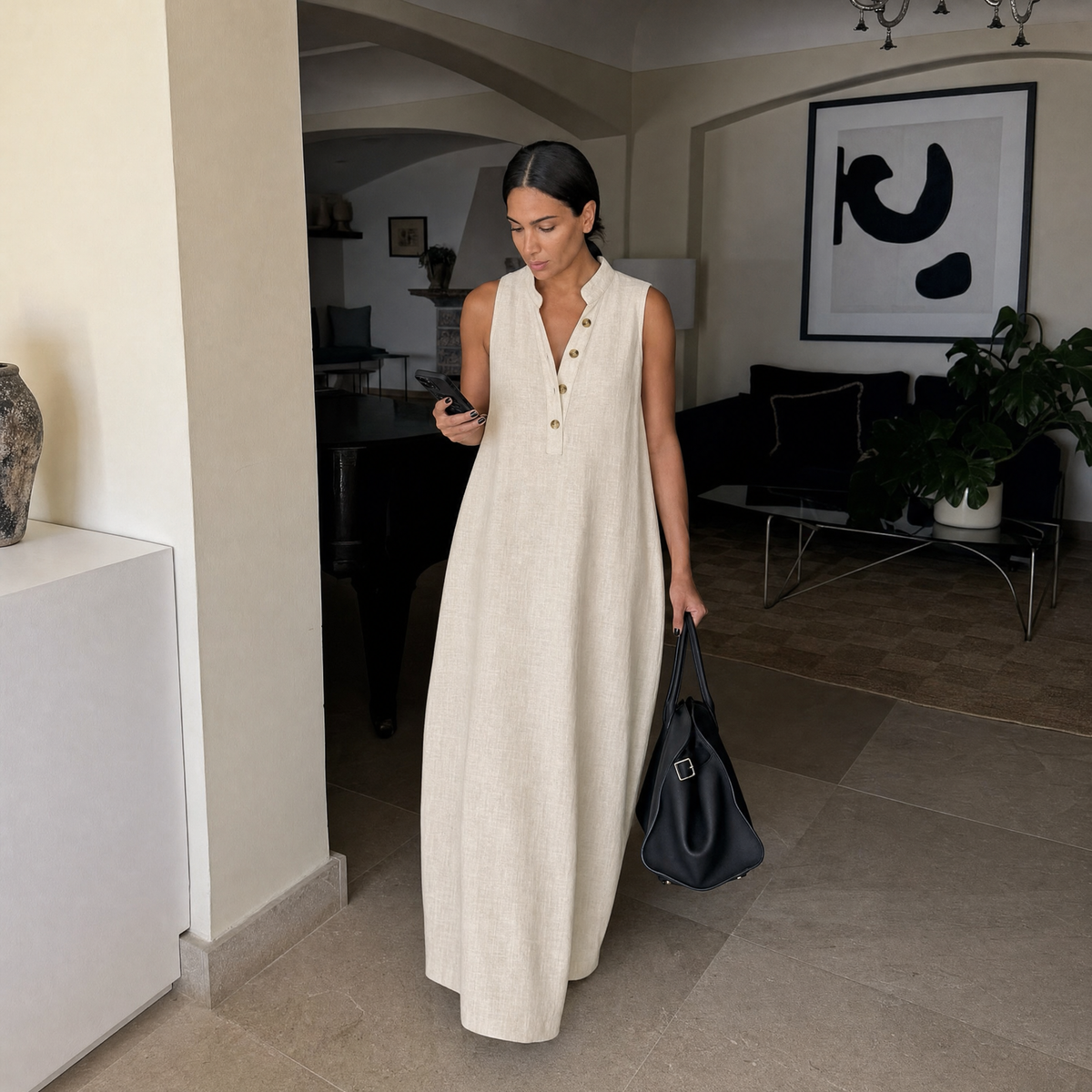 Elegant sleeveless linen maxi dress