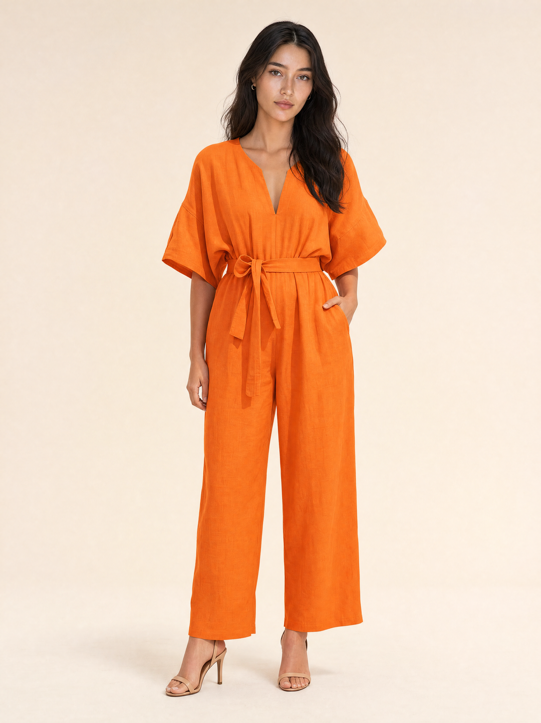 Flora V-neck Summer Linen Jumpsuit