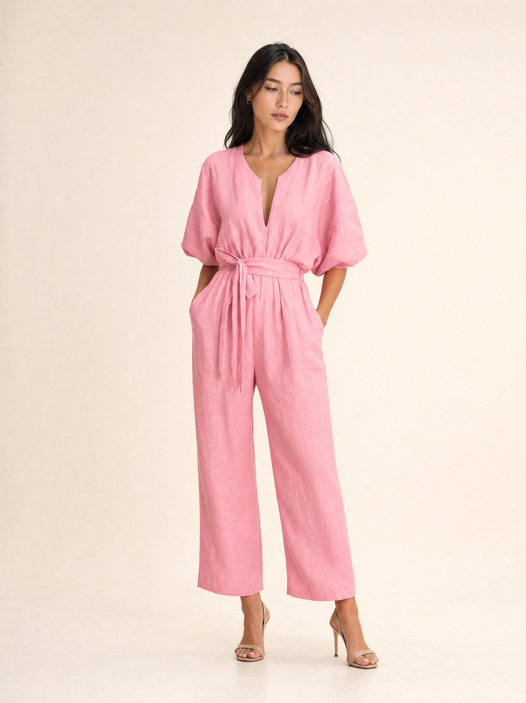 Flora V-neck Summer Linen Jumpsuit