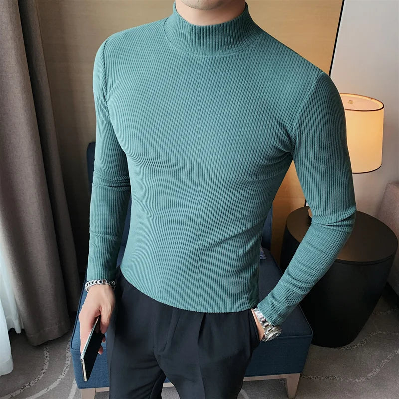 Slim Fit Striped Long-Sleeve Turtleneck T-Shirt