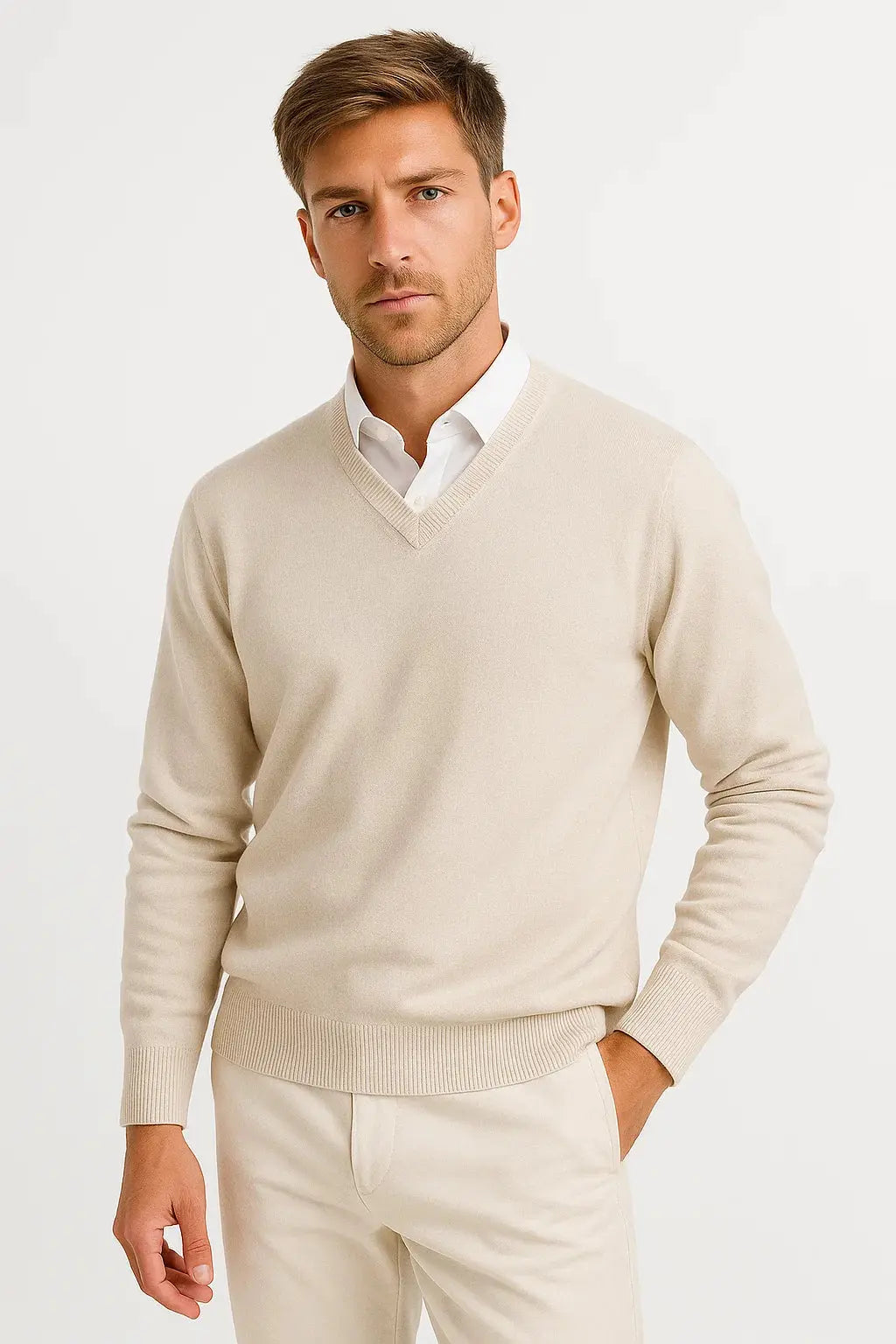 Wool Polyester Blend V Neck Knit Sweater