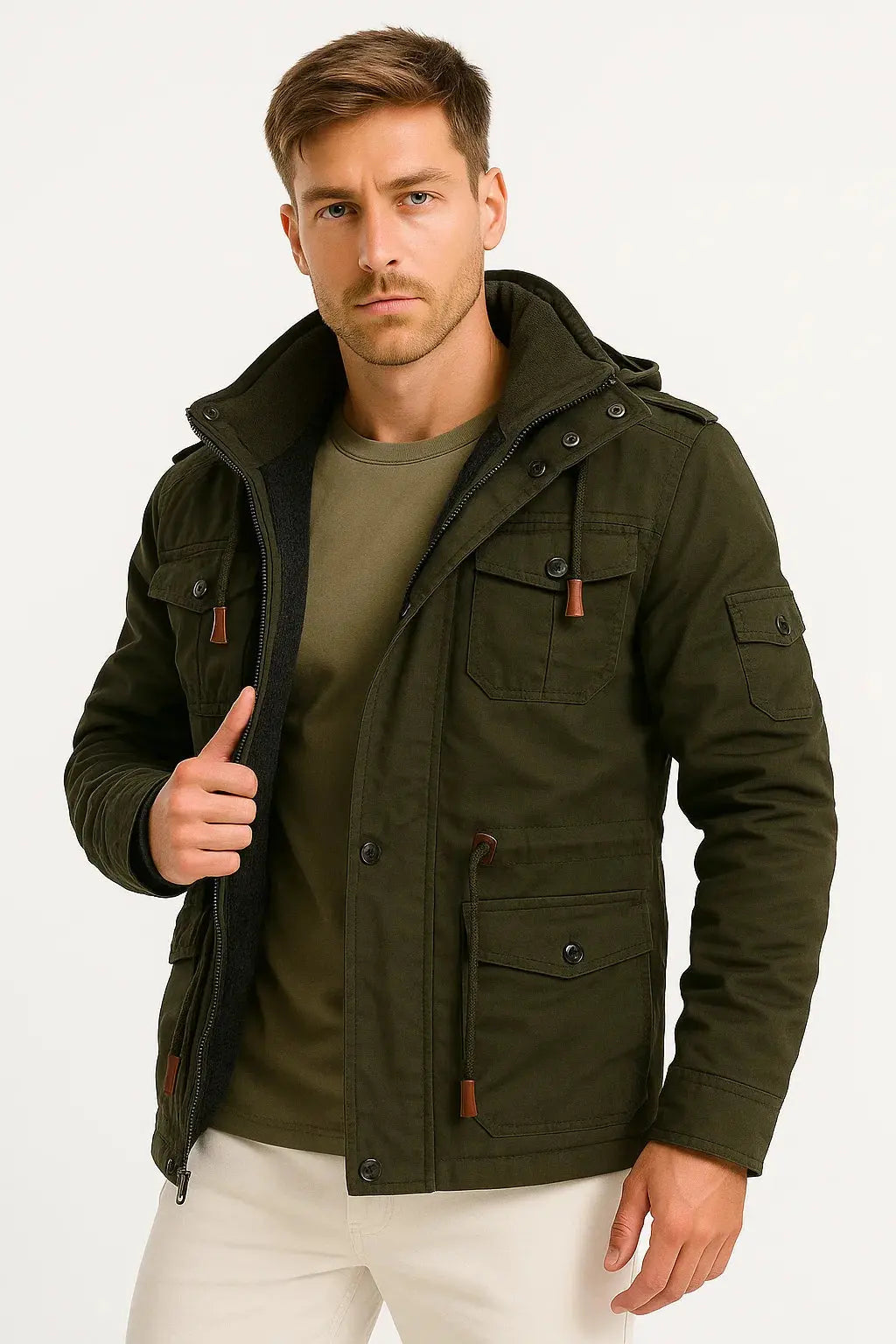 Harrington Oxford | Men's Winter Jacket Army Green Fleece Thermal Hooded Jacket Casual Outdoor Jacket