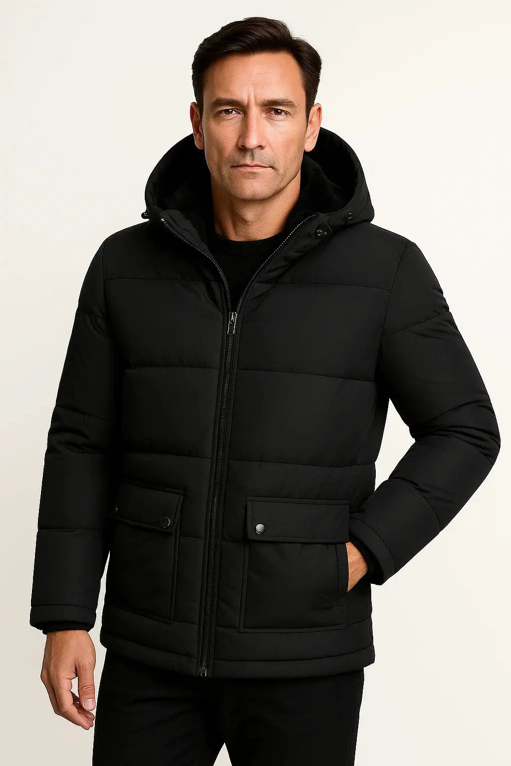 Harrington Oxford | Men's Winter Jacket Black Lambswool Oversized Hooded Thick Padded Jacket