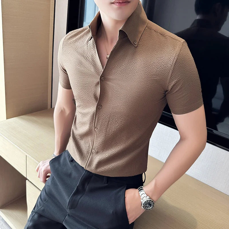 Slim Fit Silk Short-Sleeve V-Neck Tuxedo Shirt
