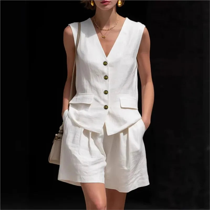 Women's Button Vest Shorts Set