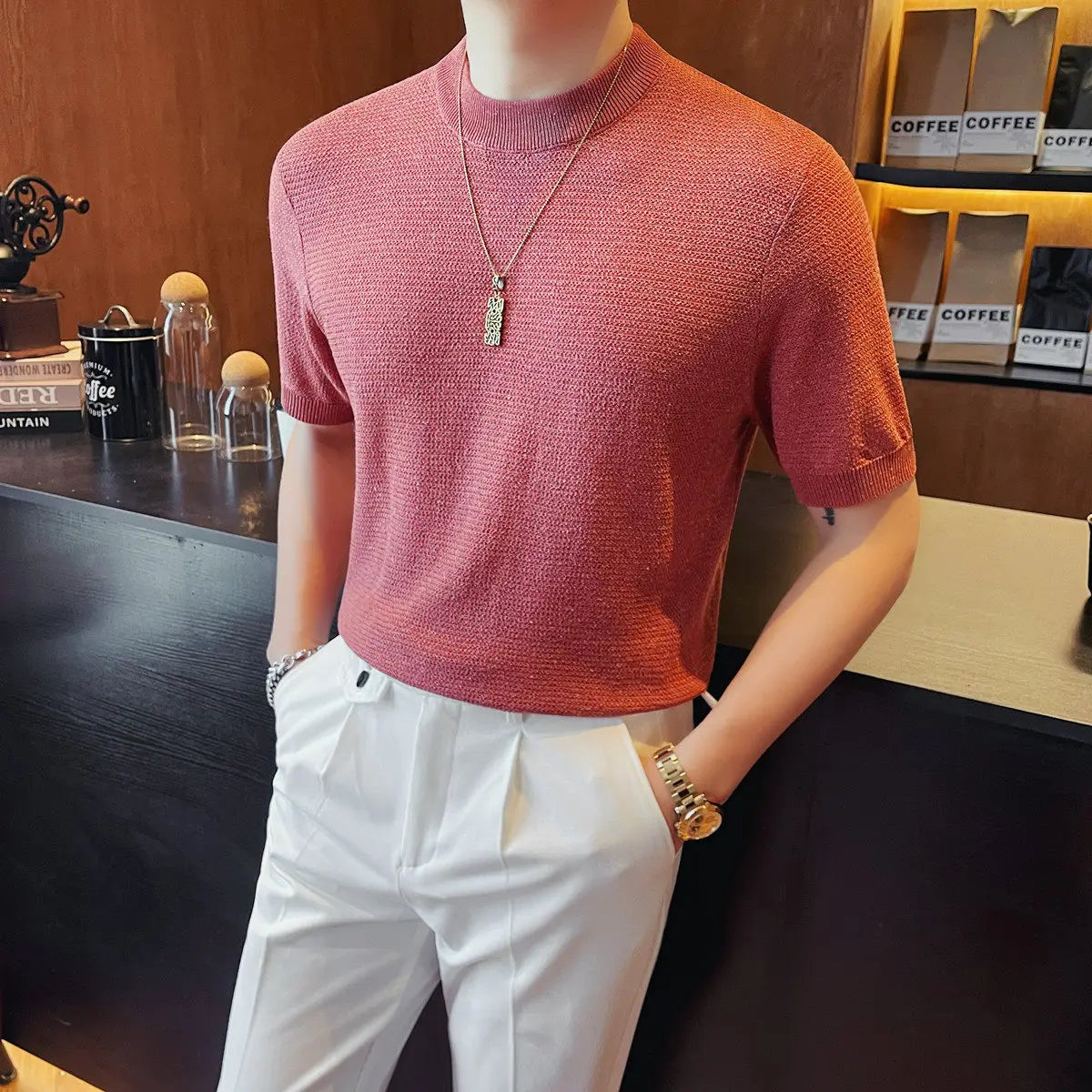 Slim Fit Short-Sleeve Knit Sweater