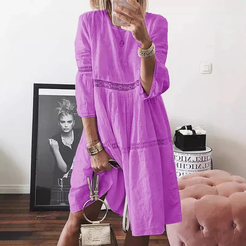 Women's Long Sleeve Lace Trim Midi Dress