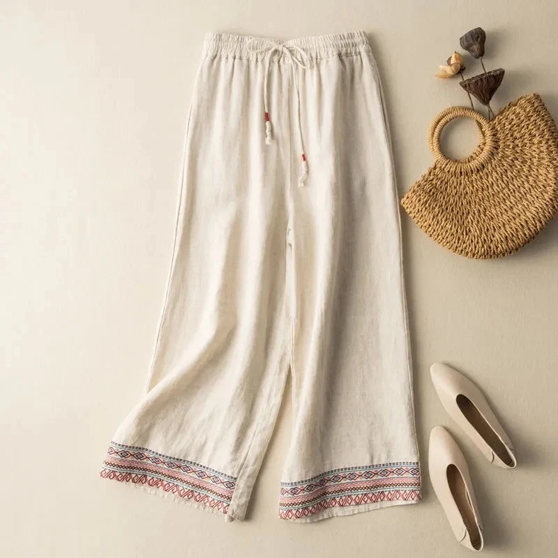 Women's Embroidered Wide Leg Linen Pants