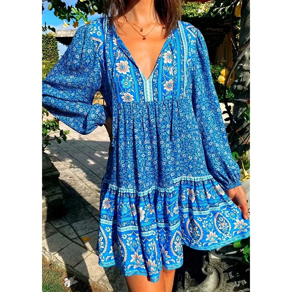 Women's Vintage Floral Boho Mini Dress