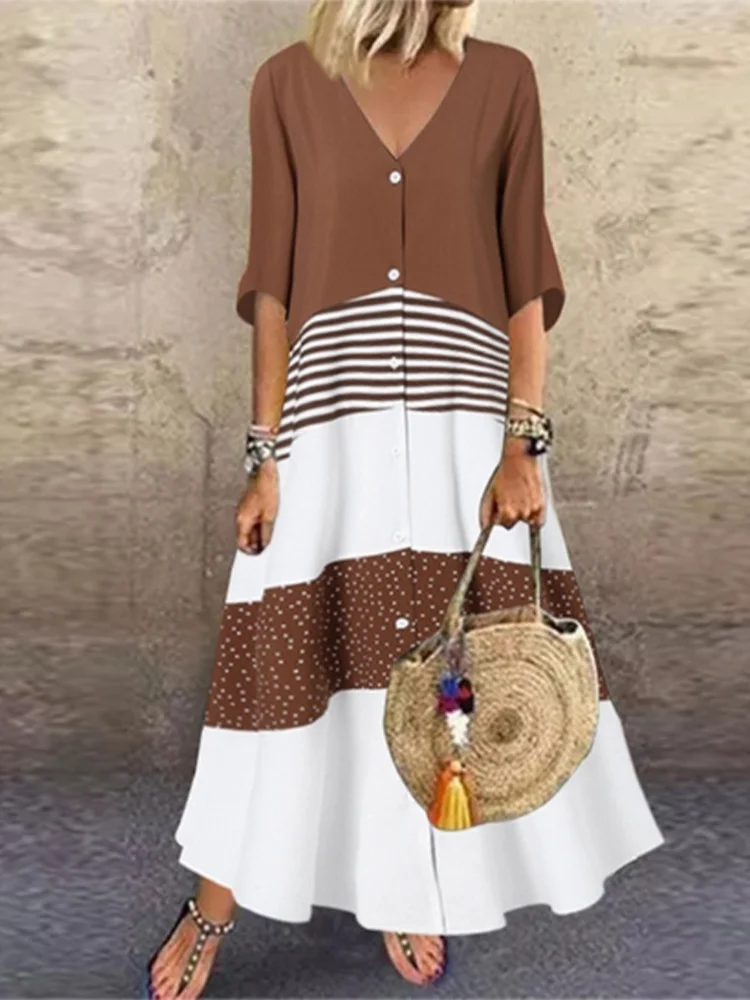Women's Color Blocked V Neck Maxi Dress