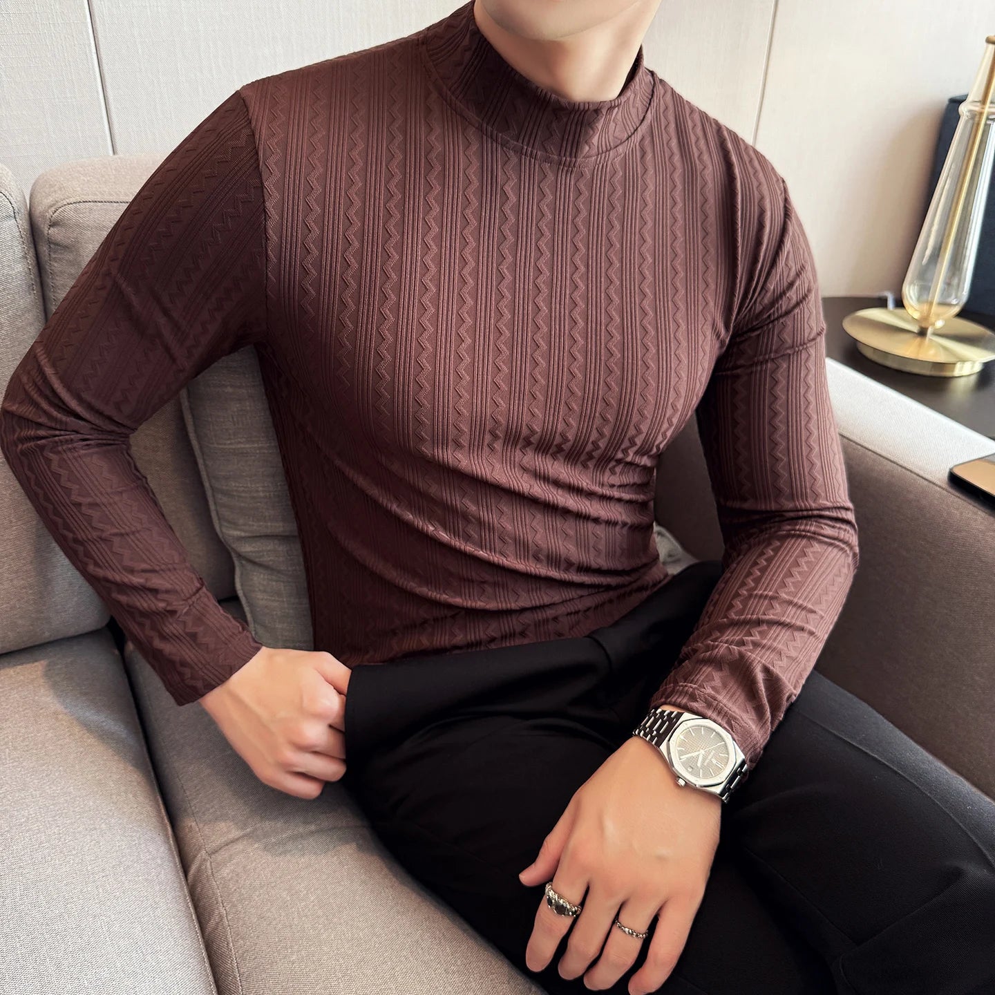 Slim Fit Striped Long-Sleeve Turtleneck T-Shirt