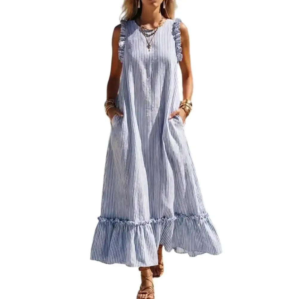 Women's Striped Ruffle Maxi Dress