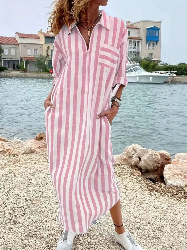 Women's Striped Maxi Shirt Dress