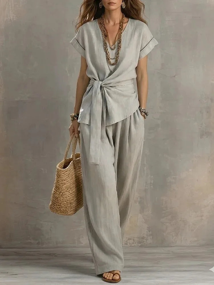 Women's Relaxed Tie Waist V Neck Lounge Set