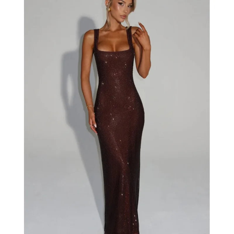 Autumn winter sequin spaghetti strap bodycon maxi dress
