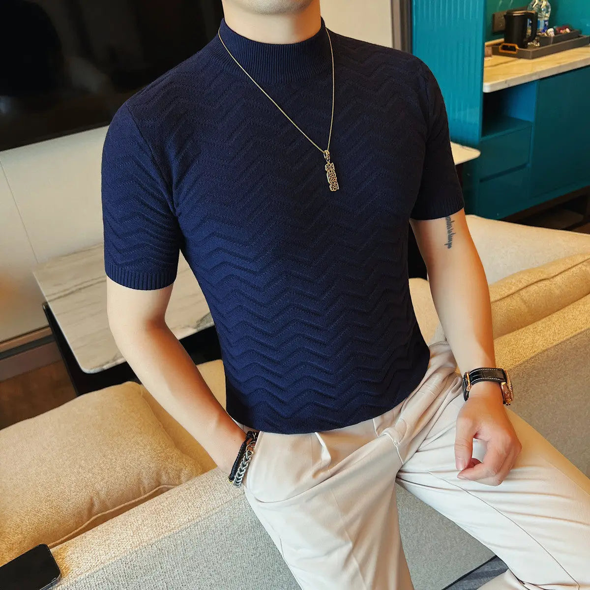 Slim Fit Short-Sleeve Knit Sweater