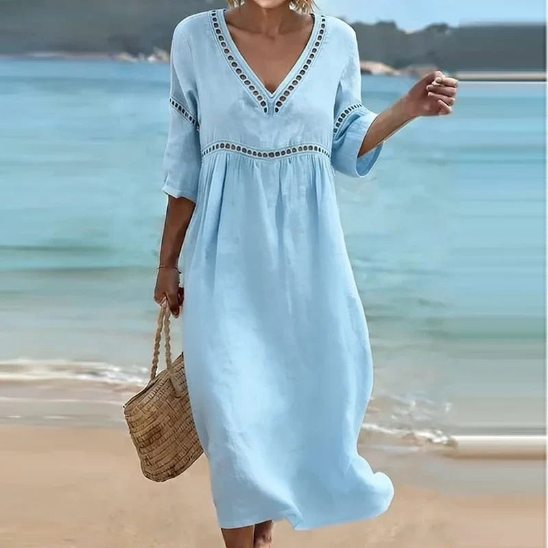 Women's Hollow Trim V-Neck Midi Dress