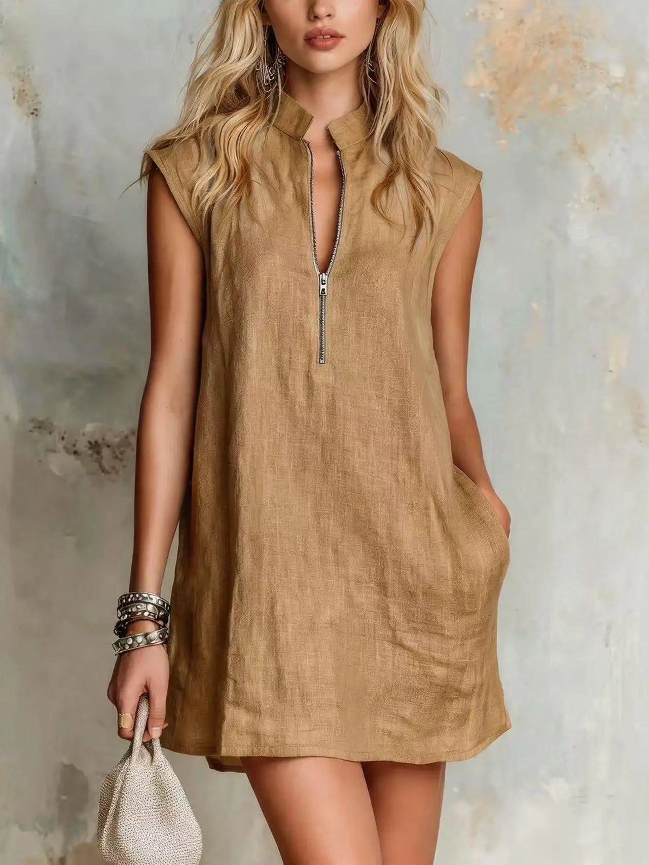 Women's Half Zip Linen Mini Dress
