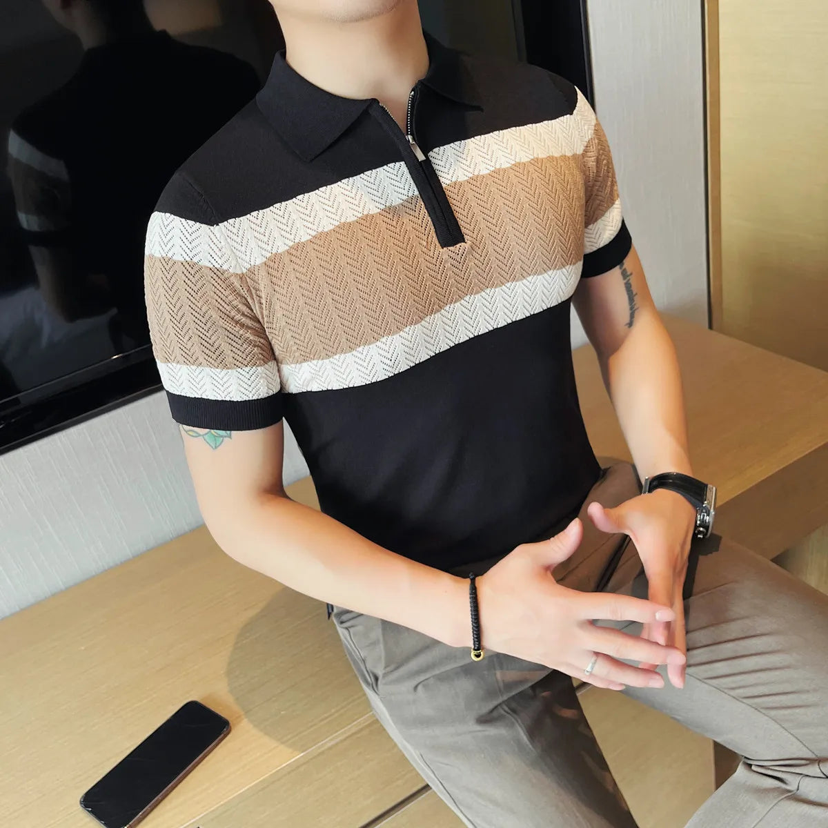 Slim Fit Patchwork Short-Sleeve Polo Shirt