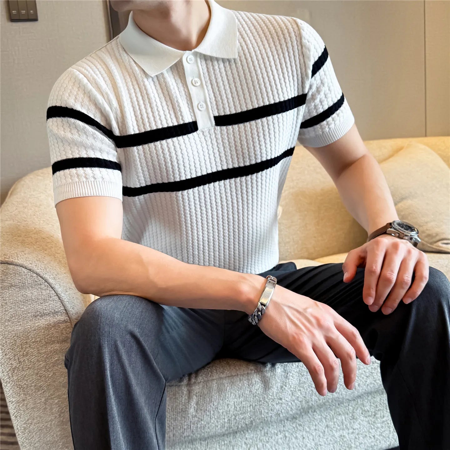 Slim Fit Striped Short-Sleeve Polo Shirt