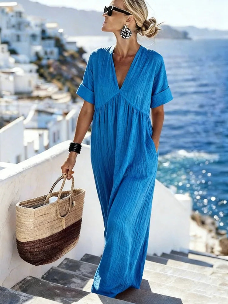 Women's Elegant Relaxed V Neck Maxi Dress