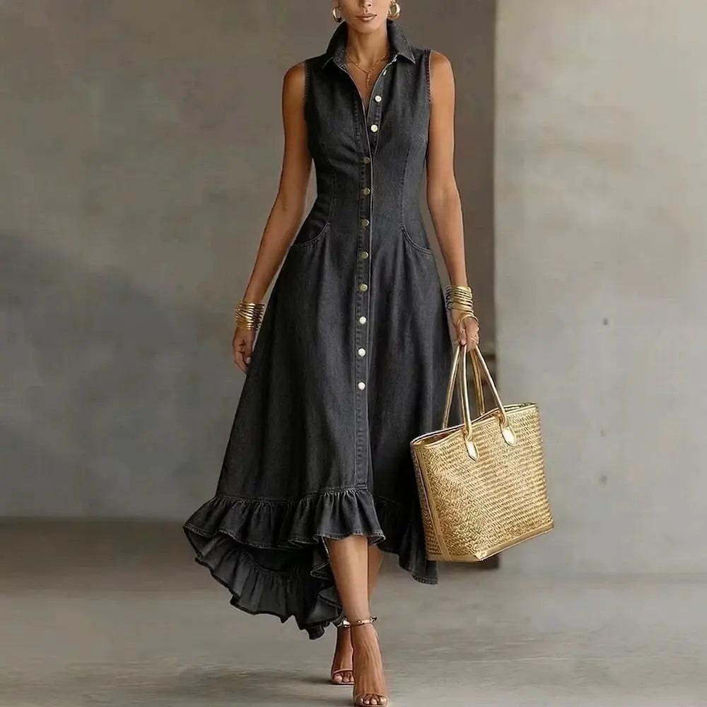 Women's Ruffle Denim Midi Dress