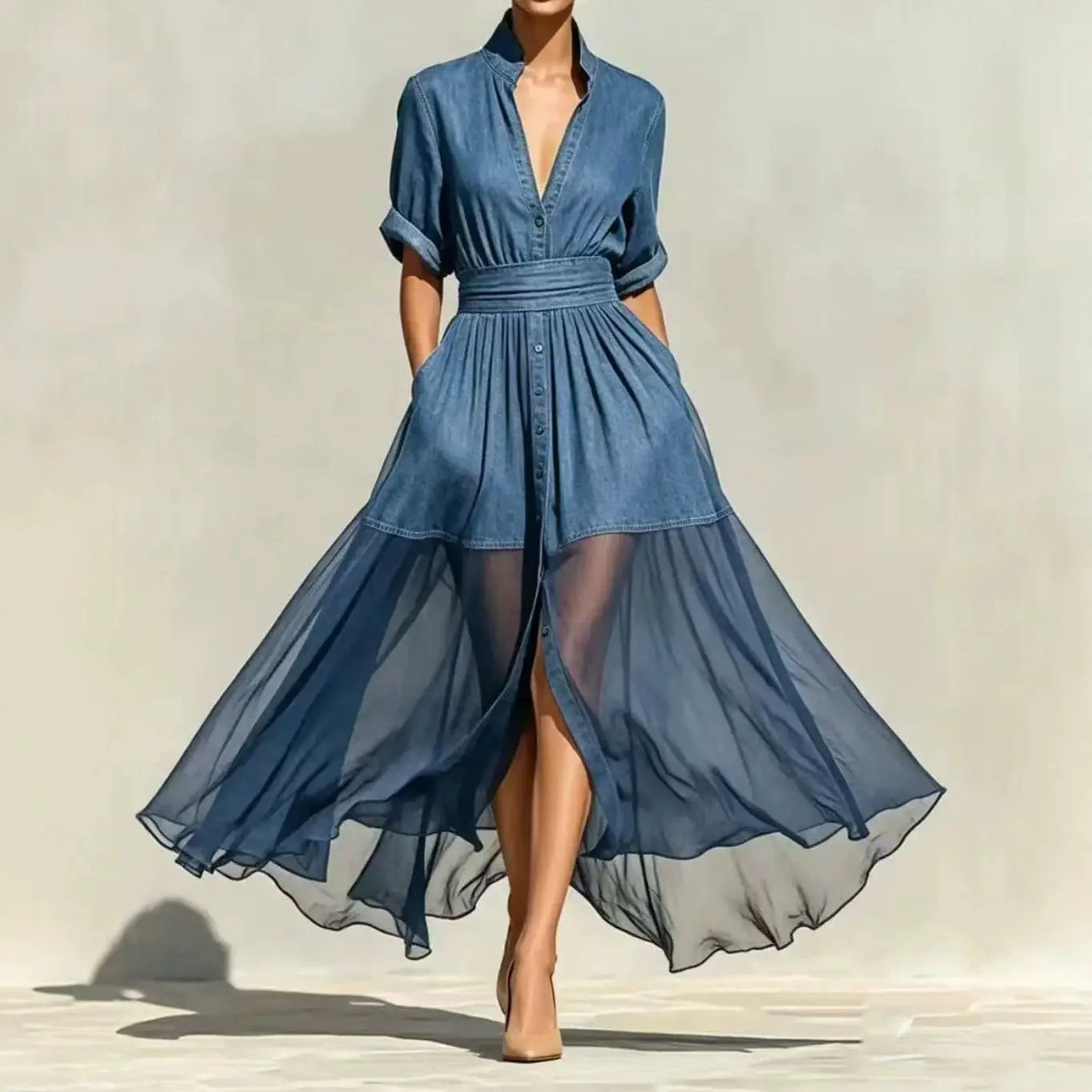 Women's Chiffon Denim Maxi Dress