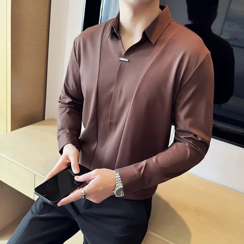 Slim Fit Patchwork Long-Sleeve Polo Shirt
