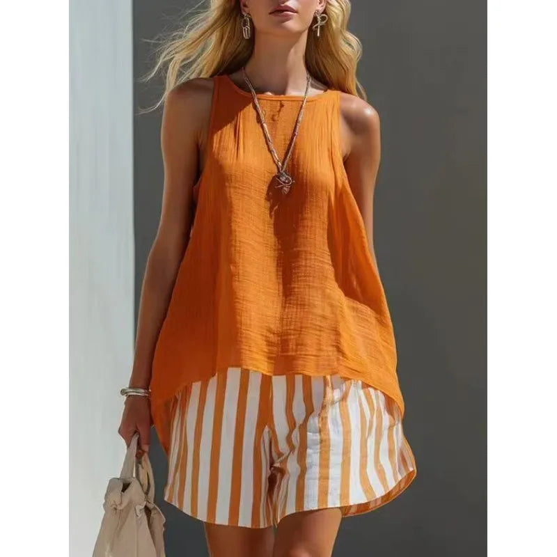 Women's Sleeveless Tank and Striped Shorts Set