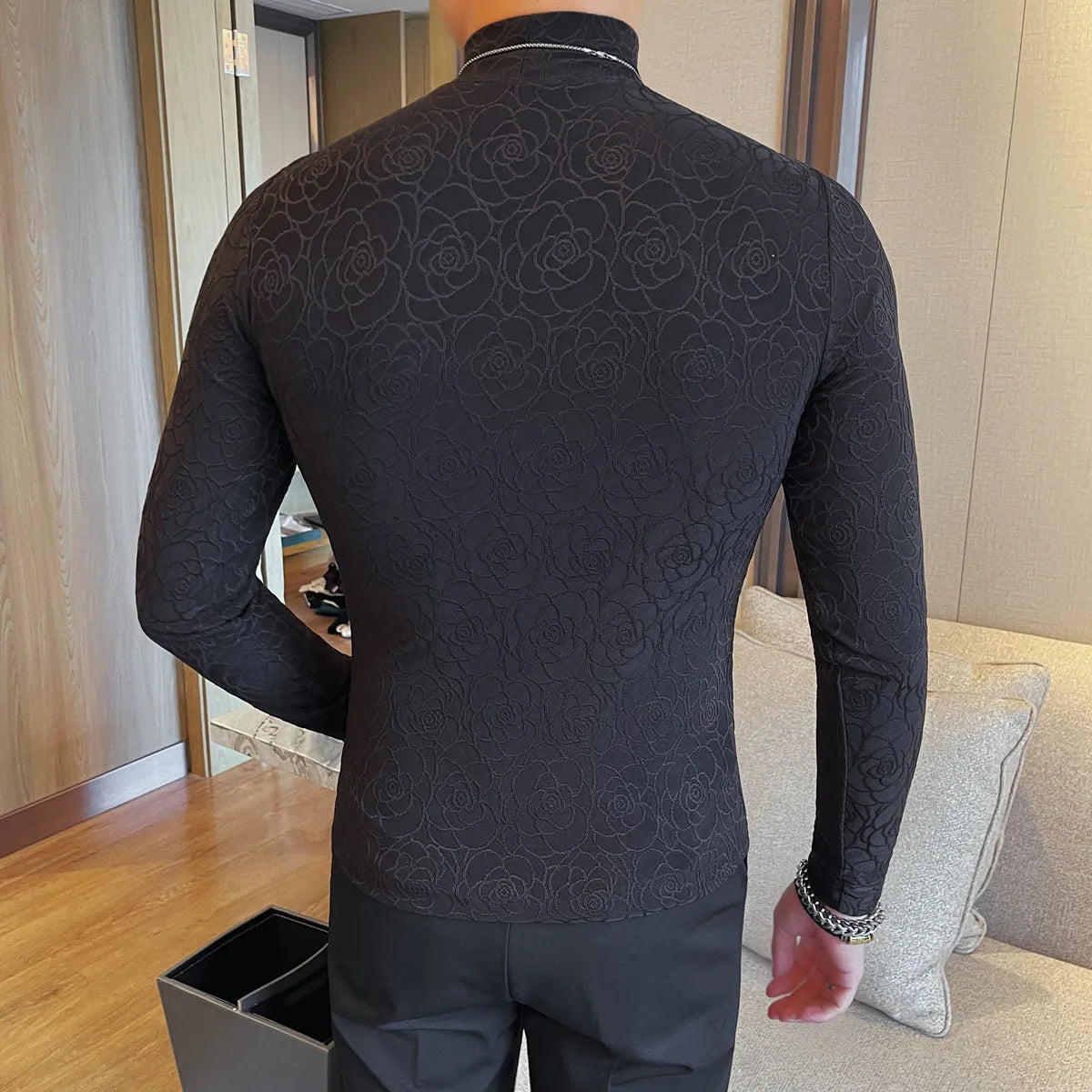 Slim Fit Floral Long-Sleeve Turtleneck T-Shirt