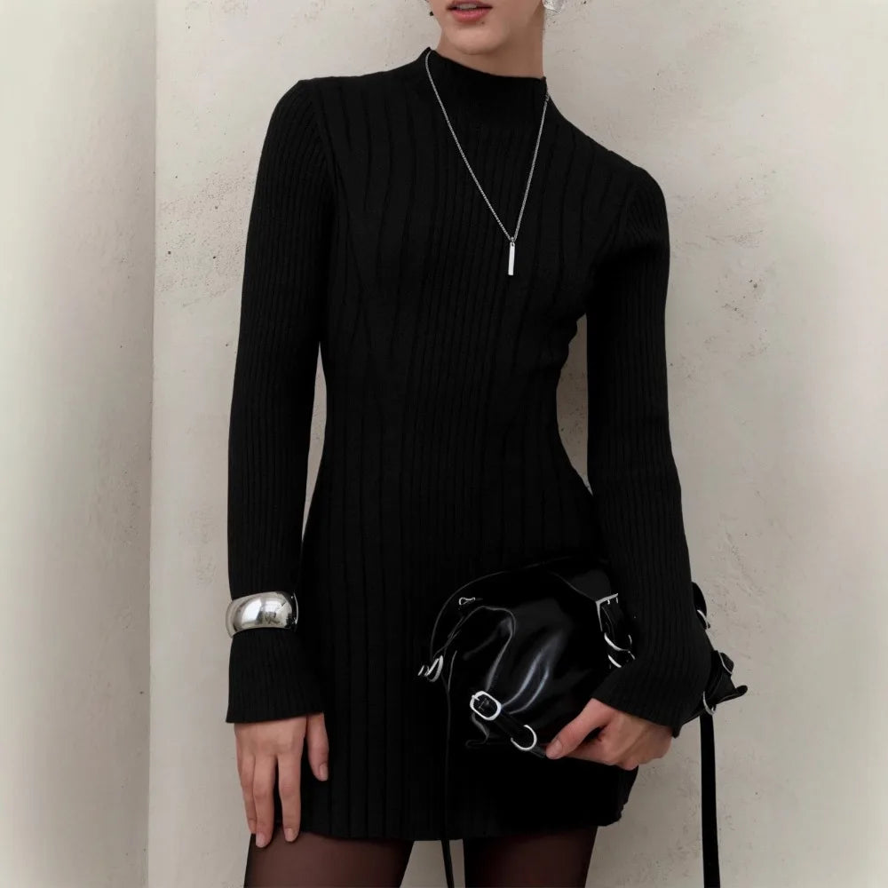 Mock Neck Long-Sleeve Knit A-Line Mini Dress