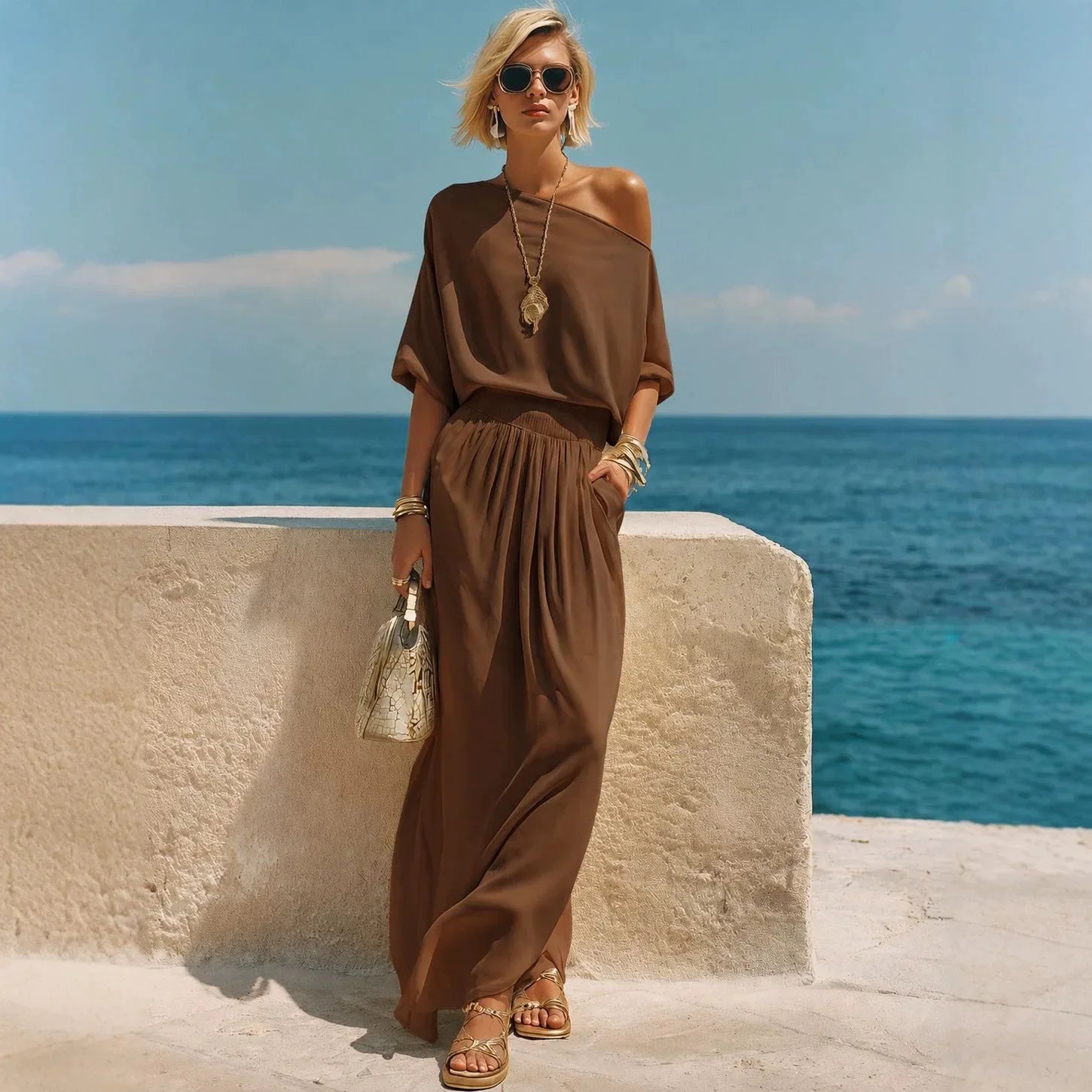 Women's Off Shoulder Maxi Skirt Set